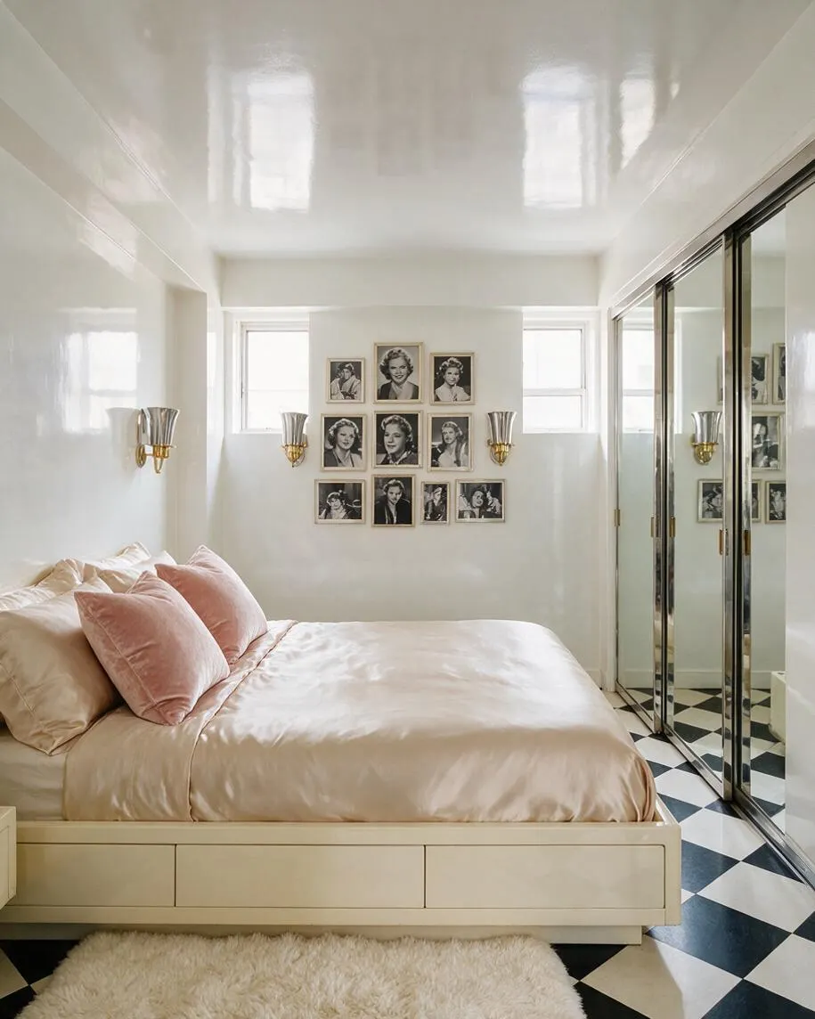 A bright Hollywood Regency master bedroom with a cream upholstered bed, satin blush bedding, and a wall of framed black-and-white celebrity portraits. Brass wall sconces, mirrored closet doors, and a black-and-white checkerboard floor add glam contrast to the glossy white walls and ceiling.