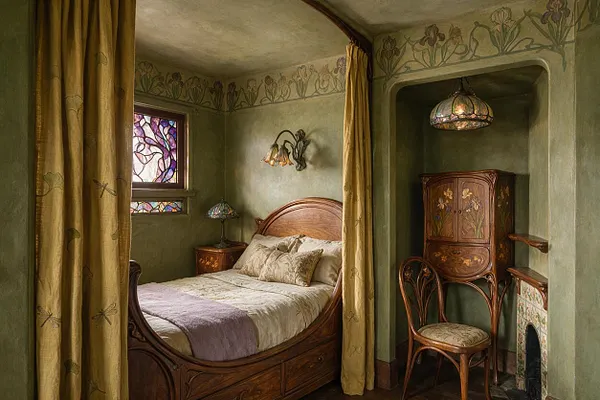 An Art Nouveau master bedroom with a carved wooden bed, olive green walls, and floral border murals near the ceiling. The room includes stained-glass accents, embroidered curtains, a decorative bedside lamp, and a floral inlay cabinet tucked into a recessed alcove.