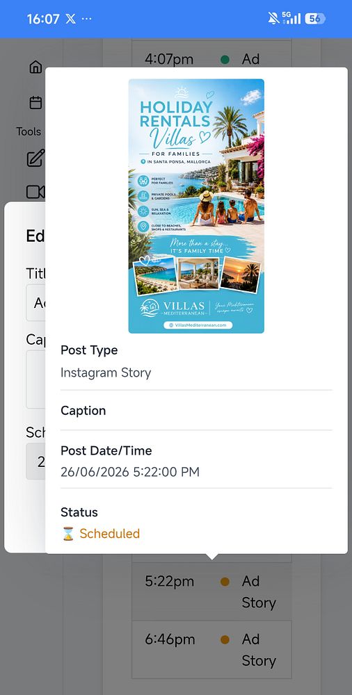 A digital calendar app displaying scheduled Instagram stories for May 2023 with villa-related content.