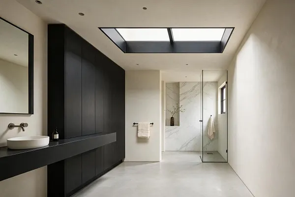 A minimalist master bathroom with a long black floating vanity, a round white vessel sink, and a large wall mirror on the left. The room features a skylight overhead, pale floors and walls, a glass-enclosed shower with marble-look tile, and sparse black accents for a calm, modern feel.