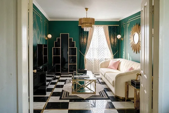 An Art Deco living room in the Emerald and Brass palette