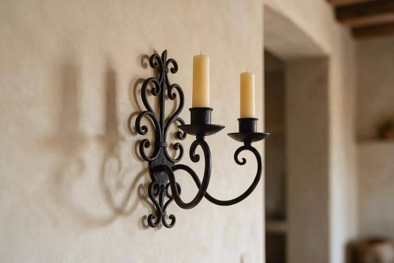 A black wrought iron wall sconce with two curling arms holds tall cream taper candles against a warm beige plaster wall. The ornate scrollwork and simple candles create a classic Mediterranean look.
