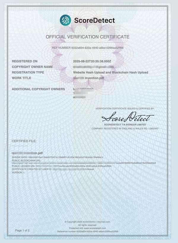The image is an official verification certificate from ScoreDetect detailing copyright ownership and registration information.
