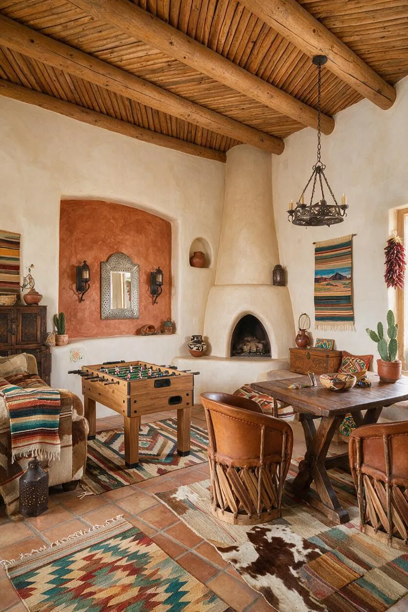A Southwestern-style game room with a rustic wood beam ceiling, white adobe walls, a curved plaster fireplace, and terracotta tile floors. The room includes a foosball table, leather chairs, woven rugs, a carved wood dining table, and warm decorative accents in earthy tones.