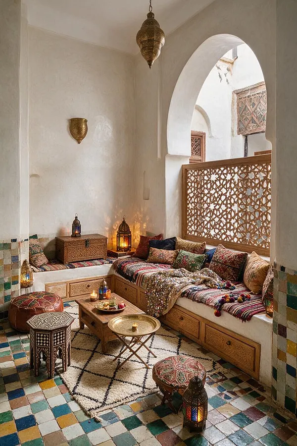 A Moroccan-style front porch with white plaster walls, a tall horseshoe arch, and built-in wooden seating layered with colorful patterned cushions and woven textiles. The space features brass lanterns, carved wood storage pieces, a low coffee table, a patterned rug, and a mosaic tile floor in earthy, jewel-toned colors.