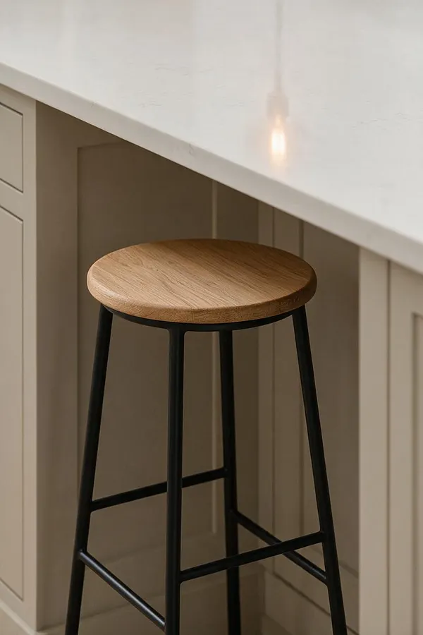A simple farmhouse-style bar stool with a round natural wood seat and slim black metal legs sits beneath a light-colored countertop. The surrounding cabinetry is painted a soft beige, creating a warm neutral palette.