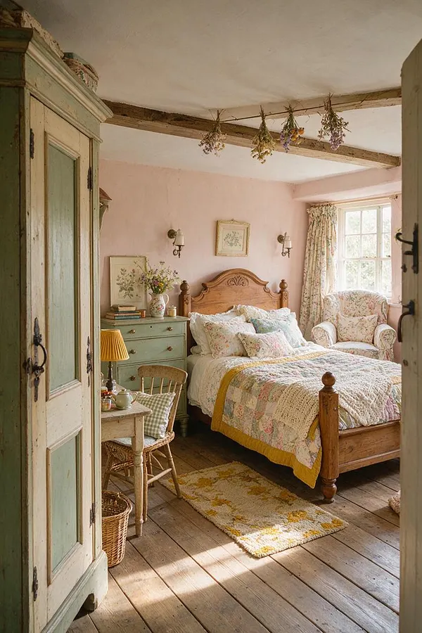 A cozy cottagecore guest bedroom with a carved wooden bed, floral bedding, a sage-green dresser, and a matching armchair by the window. Exposed wooden ceiling beams, hanging dried flowers, and worn plank floors add rustic charm and a soft, romantic atmosphere.