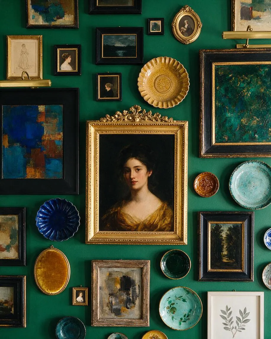 A richly layered gallery wall on deep emerald green paint features an eclectic mix of framed portraits, abstract paintings, and decorative plates. Gold frames and brass picture lights contrast with dark wood and black frames, creating a bold maximalist display.