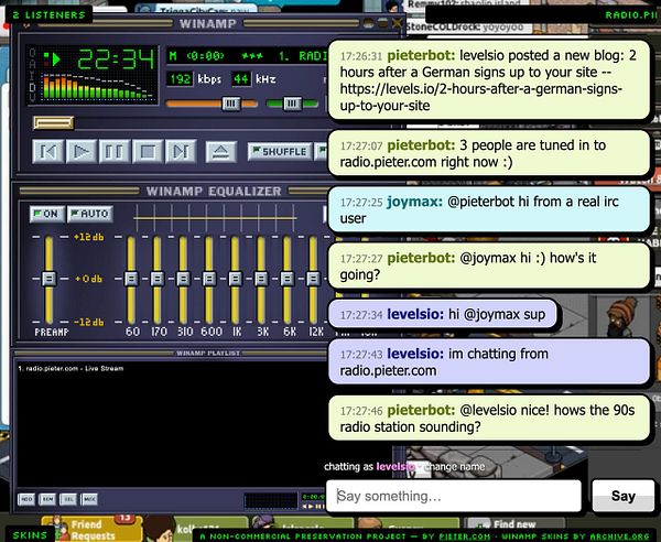 Diagram illustrating the connection setup from radio.pieter.com to irc.pieter.com for the #pieter channel.