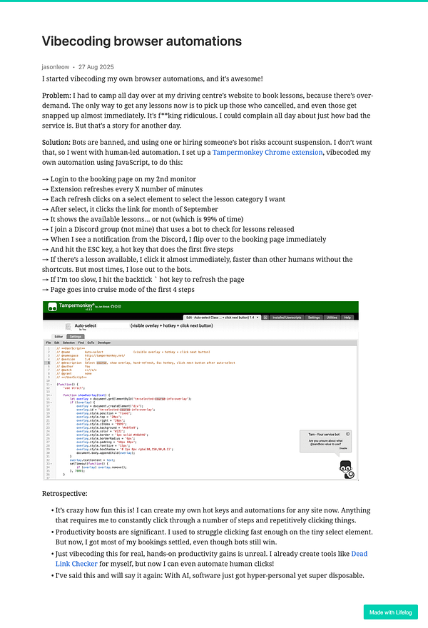 The image displays a blog post about creating browser automations using JavaScript and the Tampermonkey extension.