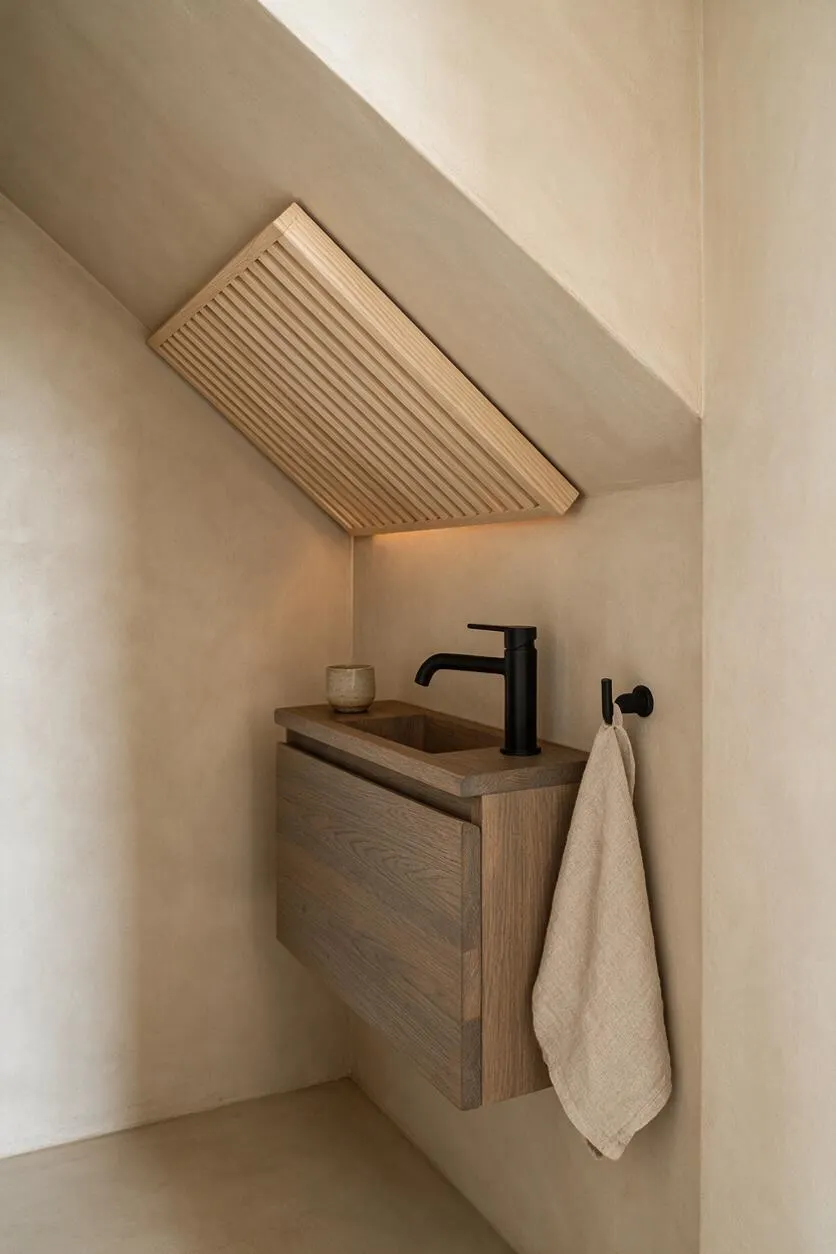 A small powder room with softly textured beige walls, a floating oak vanity, and a matte black faucet. A slatted wood panel above the sink adds warmth and a Japandi-inspired focal point, while a neutral hand towel hangs from a black hook on the right wall.