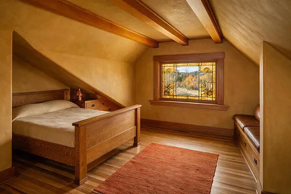 A cozy Craftsman-style bedroom with a wooden bed, exposed ceiling beams, warm tan walls, and hardwood floors. A stained-glass window brings in soft natural light, while a rust-colored area rug and built-in bench add to the earthy, handcrafted feel.