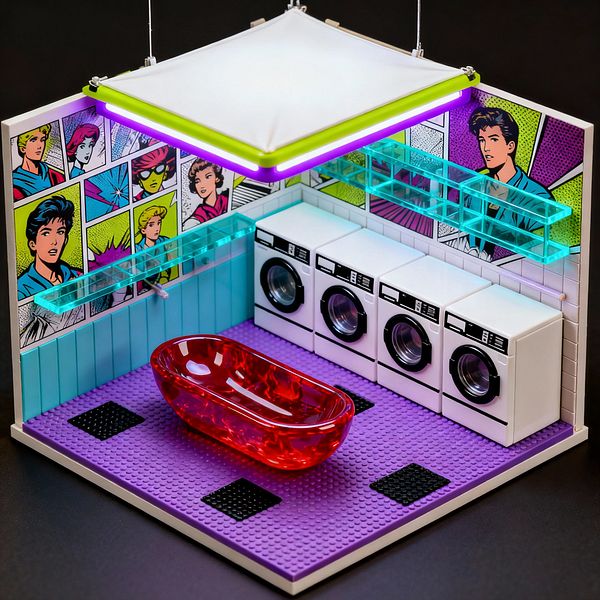 A compact laundry room features vibrant comic-style wall panels, four white front-loading machines, and floating aqua acrylic shelves. A glossy red translucent basin sits on a bright purple studded floor with black mats, while a suspended white fabric light edged in lime and violet neon casts a playful glow over white wall tile and aqua wainscoting.