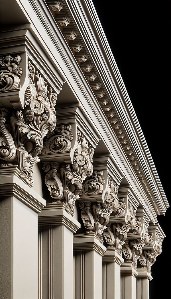 A row of ornately carved modillions projecting from under a cornice, illustrating a mix of geometric and floral motifs, in a classical-style building.