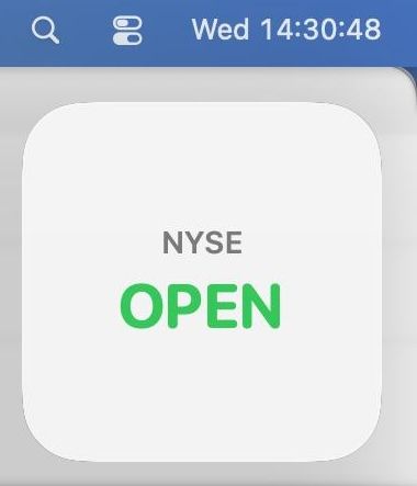 Screenshot of a macOS widget displaying countdown and market times related to NYSE trading hours.