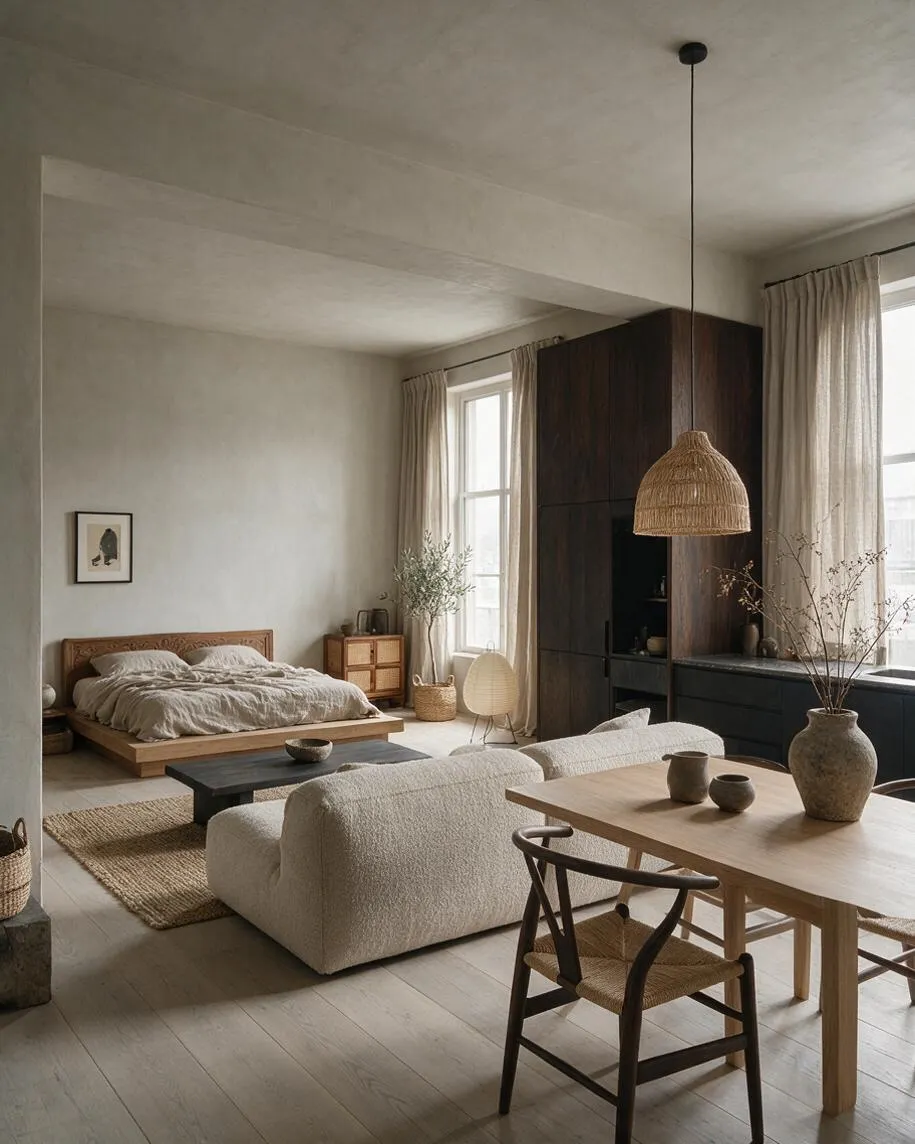 A calm studio apartment combines a low wooden bed, a cream textured sofa, a pale wood dining table, and dark built-in cabinetry. Linen curtains, woven accents, and soft natural light create a warm Japandi atmosphere.