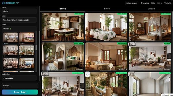 The image displays a user interface for an interior design application showcasing various tropical-themed room renders.
