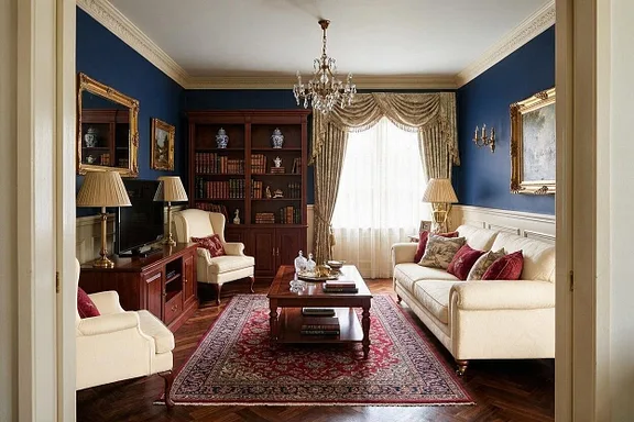A Traditional living room in the Navy and Cream palette