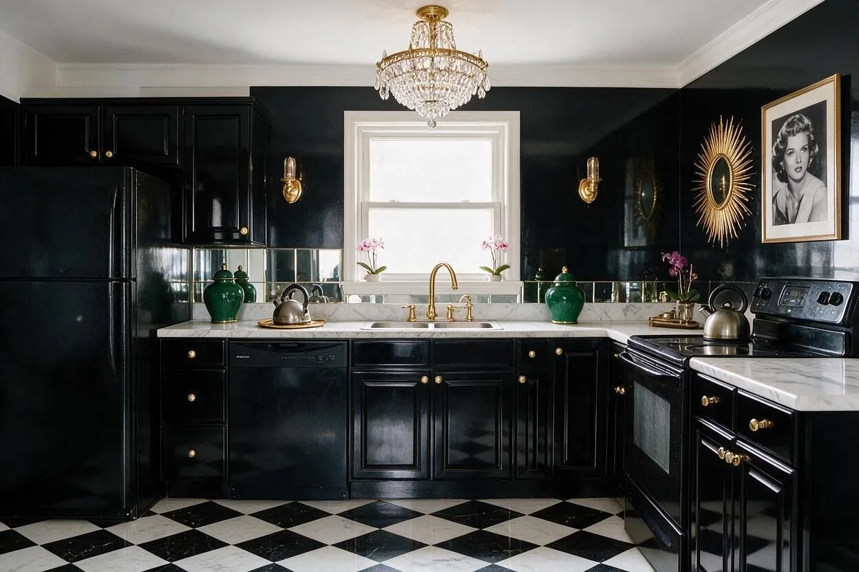 The same kitchen in the Hollywood Regency style