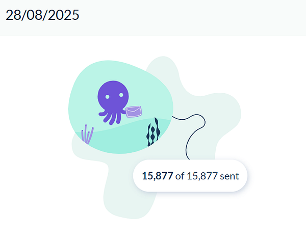 An illustration of an octopus sending a newsletter with a completion status displayed.
