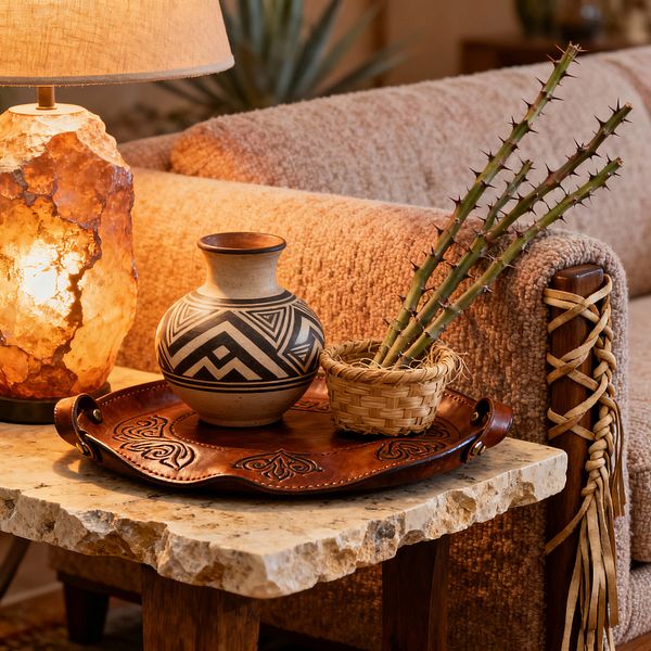 Close-up of a Southwestern living room vignette: a chiseled-edge stone side table holds a tooled saddle-leather tray with a black-and-cream geometric pottery vase and a small woven basket filled with cactus stems. At left, a raw stone lamp with a linen shade emits a warm amber glow. Behind, a sand-colored boucle sofa with a solid wood arm is finished with crisscross leather lacing. The palette is earthy neutrals with terracotta browns and soft desert tones.