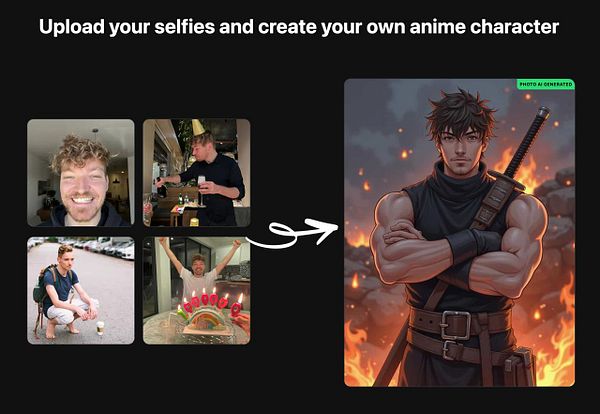 The image features a collage of selfies alongside an AI-generated anime character.
