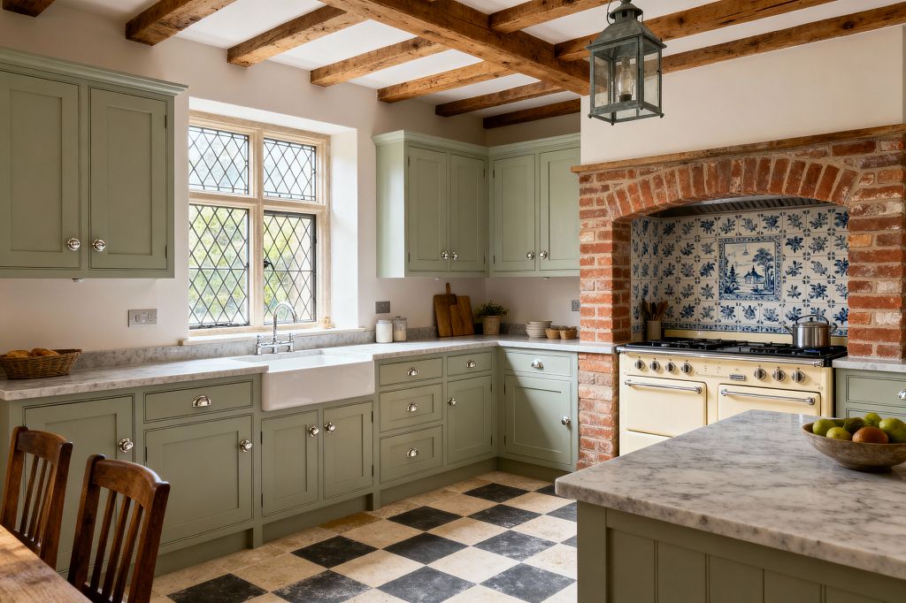 A traditional kitchen with sage green Shaker cabinets and marble countertops surrounds a ceramic farmhouse sink beneath a leaded-glass window. Exposed wood ceiling beams, a metal lantern pendant, and a brick arched range niche with a cream cooker and blue-and-white Delft tile backsplash define the room, while a black-and-ivory checkerboard floor and a small marble-topped island with a bowl of fruit complete the warm, country-house atmosphere.