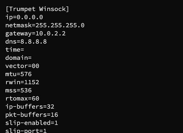 A configuration file for Trumpet Winsock displaying network settings.