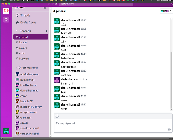A Slack channel conversation focused on Laravel topics.