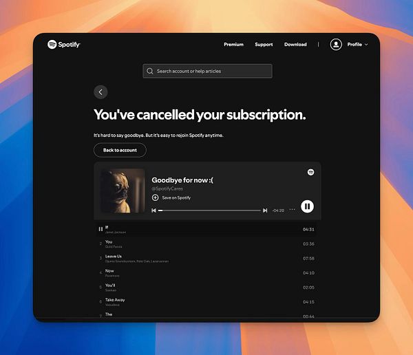The image displays a Spotify screen indicating that a subscription has been cancelled, featuring a playlist titled 'Goodbye for now'.
