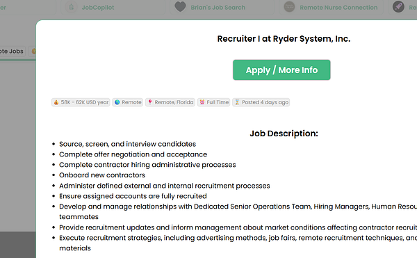 Screenshot of a job listing webpage showing various elements including job titles, badges, filters, and a detail panel on the side.