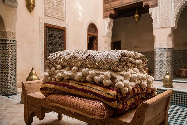 A stack of richly textured Moroccan textiles rests on a carved wooden bench inside an ornate courtyard. The fabrics include beaded, pom-pom trimmed, and striped layers in cream, gold, burgundy, and tan, surrounded by arched doorways, mosaic tilework, and warm stucco walls.