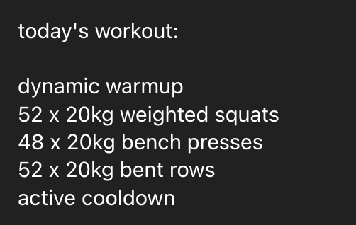 A workout plan displayed on a dark background detailing exercises and repetitions.