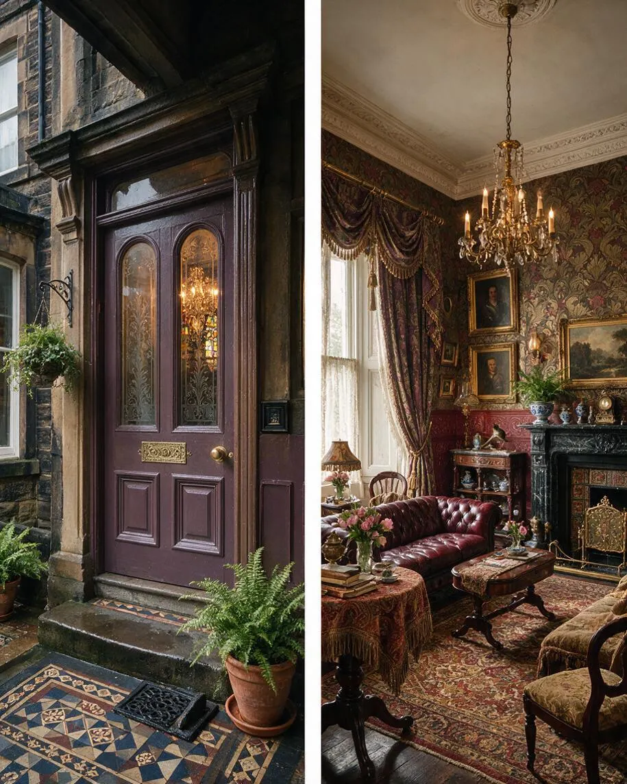 A Victorian-style exterior with a deep plum front door framed by carved stone detailing, arched glass panels, and a decorative brass mail slot. Patterned mosaic steps and a terracotta fern pot sit at the entrance, with dark stone walls and traditional trim completing the historic façade.