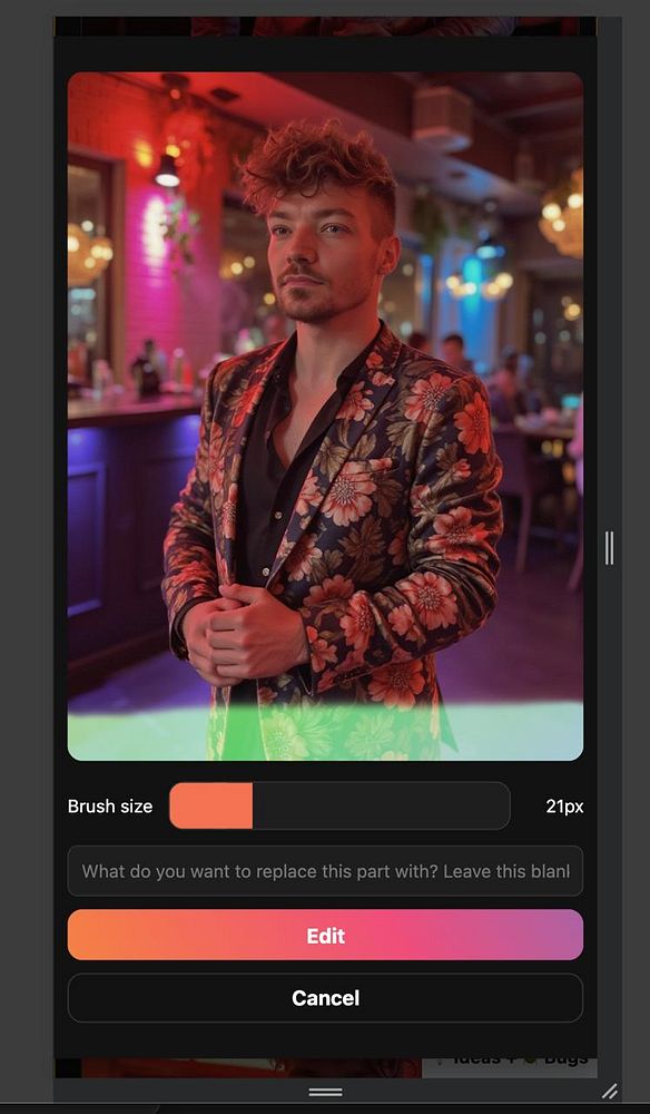 A man in a floral blazer is featured in a photo editing interface with options for brush size and editing.