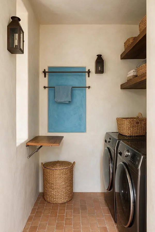 A narrow Mediterranean-style laundry room with white plaster walls, terracotta tile flooring, and a pair of dark front-loading washer and dryer units on the right. Open wood shelves hold woven baskets and folded towels, while a blue painted wall panel with towel bars adds color above a wicker hamper and a small fold-down wood shelf.