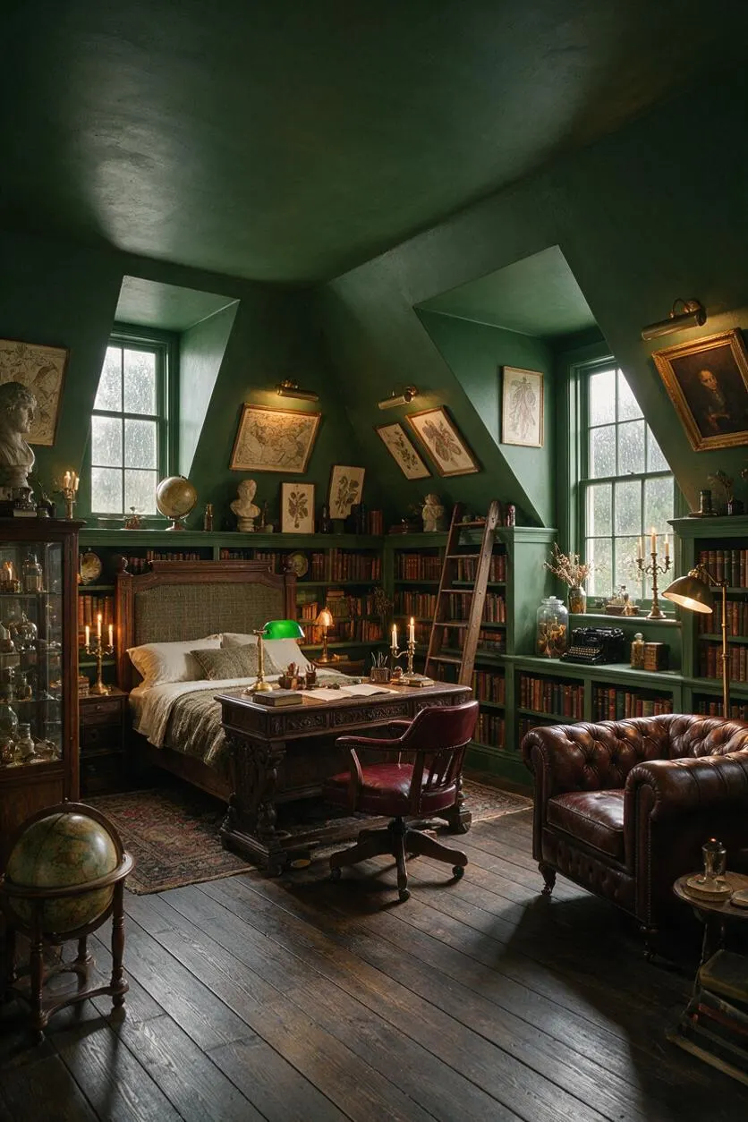 A dark academia bedroom with deep green walls, built-in bookshelves, and a carved wooden bed centered beneath framed botanical and portrait art. The room includes leather club chairs, a wooden desk, brass lamps, globe accents, and tall windows that bring in soft natural light.