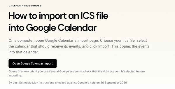 An annotated screenshot of the Google Calendar import interface with visible tooltips explaining different steps and buttons.