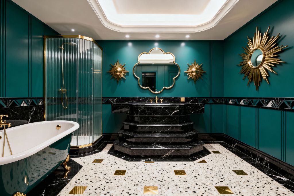 Luxurious Art Deco bathroom with emerald paneled walls features a central tiered black marble vanity topped by a brass-framed quatrefoil mirror and flanked by sunburst wall accents. A fluted-glass, brass-trimmed corner shower sits beside a teal clawfoot tub with gold feet; the floor is pale terrazzo with brass inlays and a black marble border, all under a coved ceiling with recessed lights.