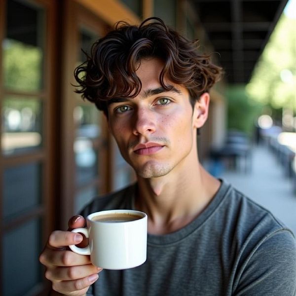 A young man with curly hair holds a white coffee cup while gazing thoughtfully at the camera.