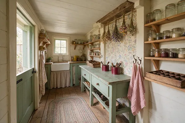A cozy cottagecore backyard potting room with painted mint-green cabinetry, open wooden shelves filled with glass jars, and a farmhouse sink under a small window. Dried herbs hang from a beam above a floral wallpaper accent wall, while a worn wooden worktable, linen towels, and rustic woven rug add a warm, handcrafted feel.