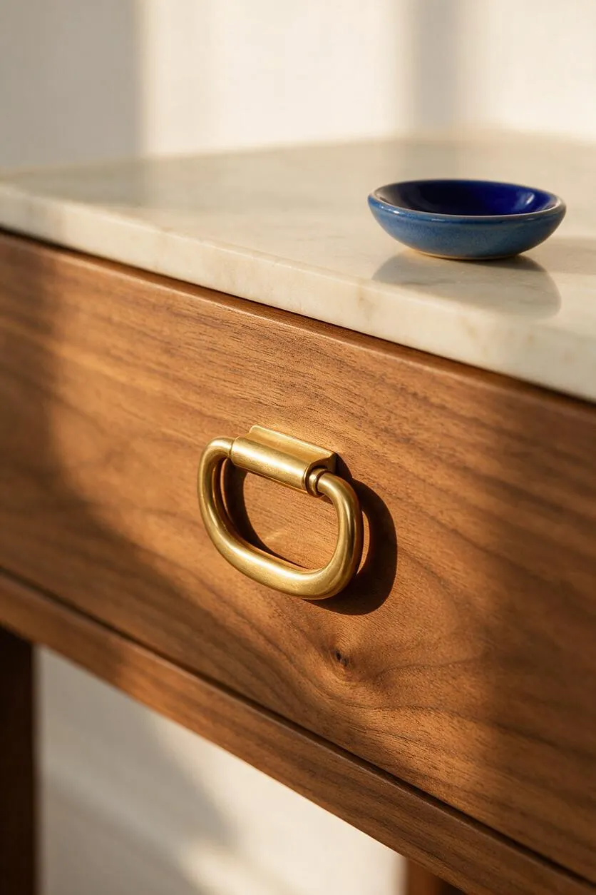 A close-up of a warm walnut cabinet front with a centered brass ring pull beneath a pale stone top. A small cobalt blue dish sits on the countertop, adding a bold accent against the soft neutral background.