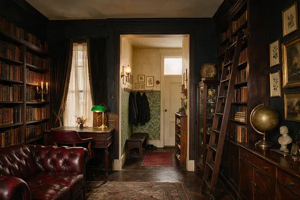 A moody entryway framed by dark walls and built-in bookshelves packed with old books. A wooden ladder leans against the right shelf, while a leather sofa, antique desk, green banker’s lamp, framed art, and vintage globe add scholarly character.