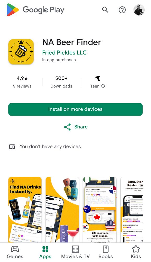 The image displays the Google Play Store page for the NA Beer Finder app.