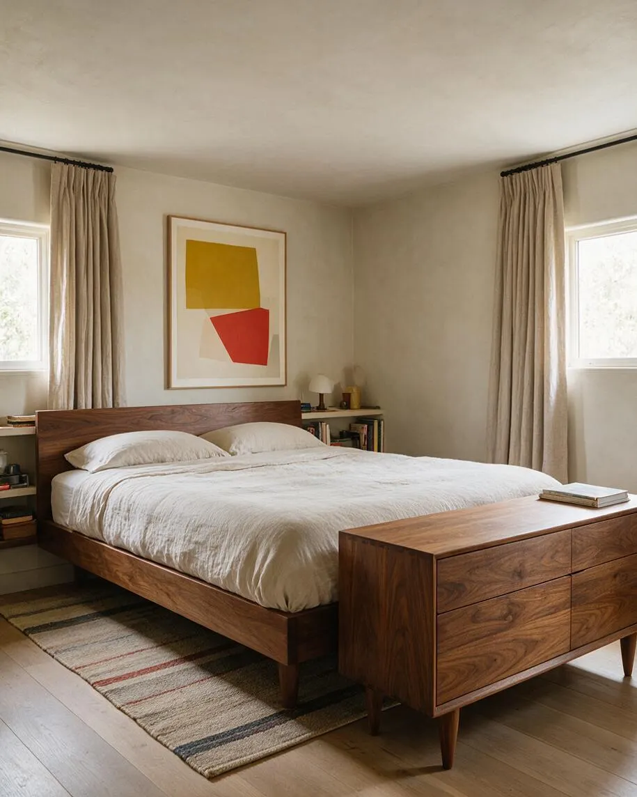 A mid-century modern master bedroom with a low walnut bed, white bedding, and a matching wood dresser at the foot of the bed. Beige curtains frame two small windows, and an abstract framed artwork with yellow and red shapes hangs above the headboard. The room has a soft neutral palette, light wood floors, and a woven striped rug.