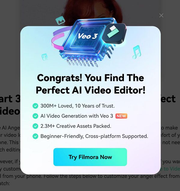 The image features a promotional pop-up for the Veo 3 AI video editor, highlighting its features and benefits.