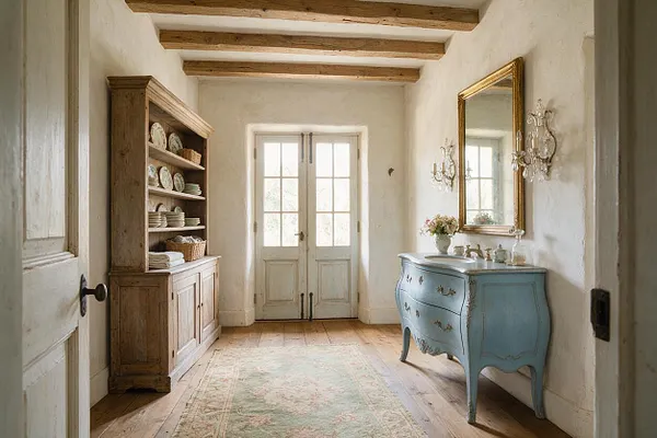 A French Country powder room with exposed wood ceiling beams, plaster walls, and wide plank wood floors. A pale blue curved vanity with a marble top sits beneath a gold-framed mirror and crystal wall sconces, while a rustic wood hutch with dishes lines the opposite wall and a pale patterned rug softens the room.