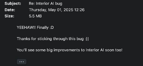 The image displays an email conversation regarding a bug fix for Interior AI.