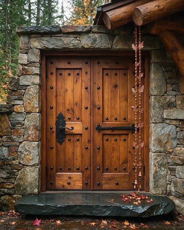 A rustic exterior entryway with double wooden doors set inside a rough stone surround. The doors have dark iron hardware, a dark stone threshold, and a copper-toned hanging chain detail beside the frame, with autumn leaves scattered at the base.