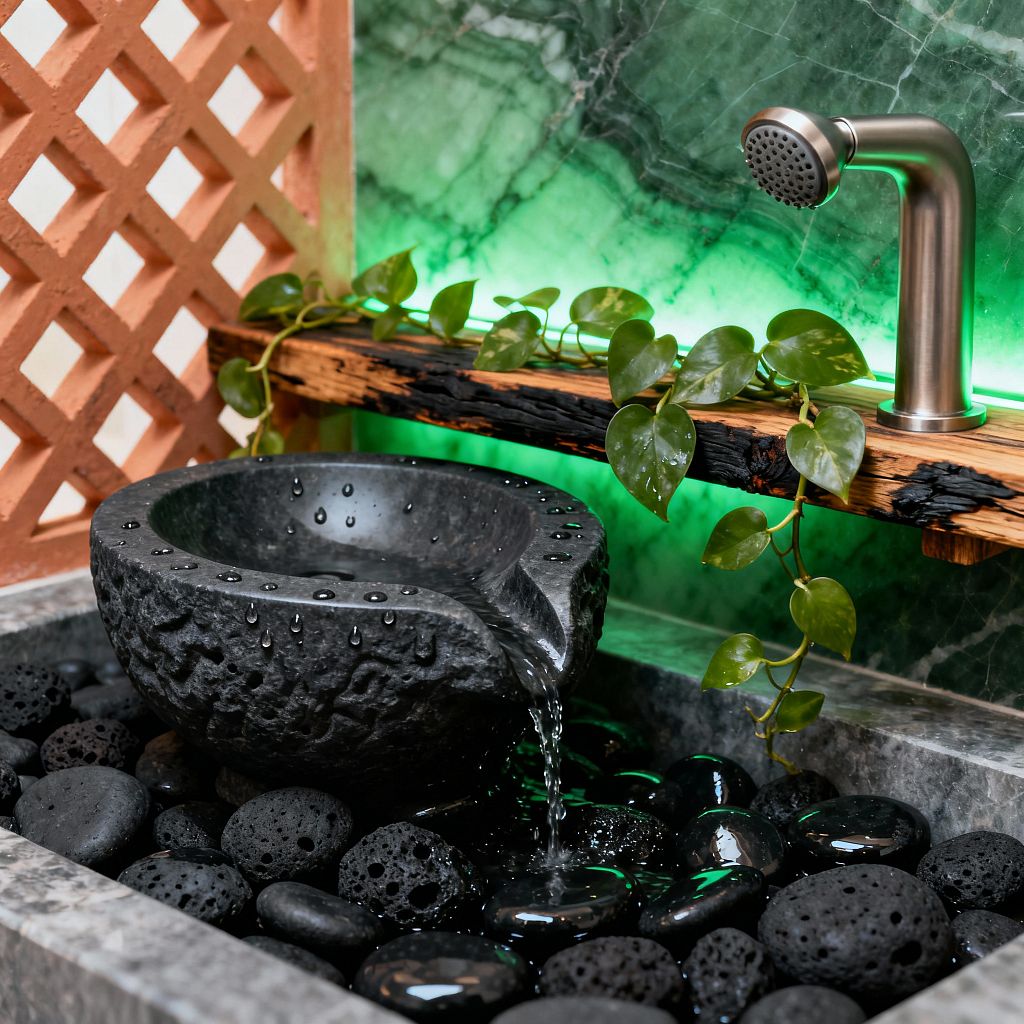 Close-up of a biophilic bathroom vignette featuring a carved black basalt bowl that channels water onto smooth black pebbles within a gray stone basin. A backlit slab of green marble casts a soft glow above a charred wood shelf with a trailing vine. To the right, a brushed stainless sprayer-style faucet adds utility, while a warm terracotta lattice panel frames the scene.